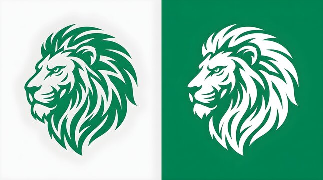 Green and white lion head mascot logo design for sports team or business brand symbol with sharp and bold vector style