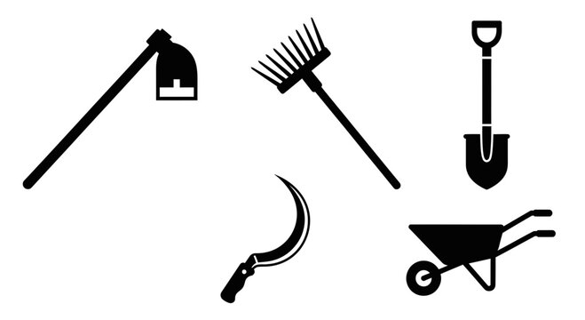 Gardening tools icons on white background with black silhouettes gardening wheelbarrow agriculture landscaping equipment outdoors shovel with sickle