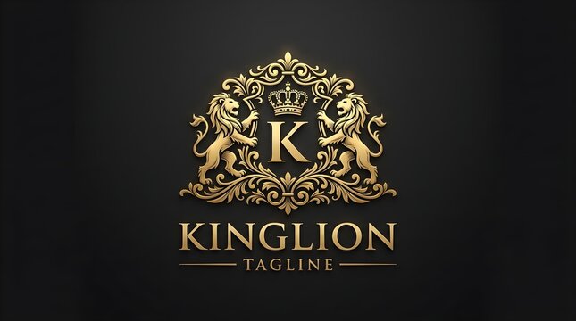 Luxury royal emblem logo design with two lions and a crown featuring the letter k for high end branding and business identity