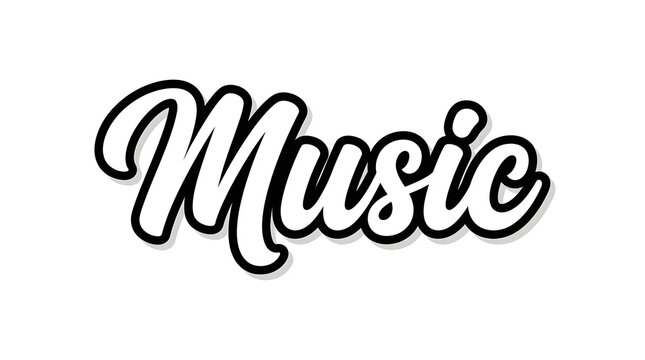 Music word written in a stylish bold black and white cursive script font for creative projects and media branding