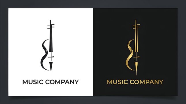 Minimalist violin music logo design featuring a simple cello instrument shape in elegant gold and black brand style