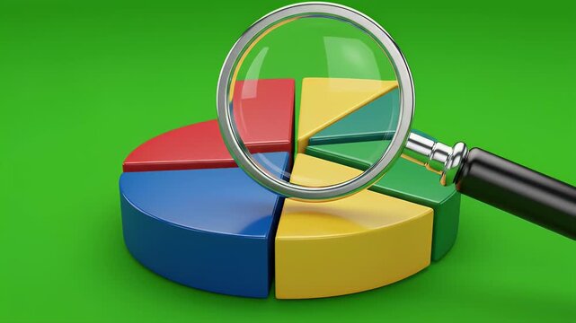 Magnifying glass examining colorful pie chart segments on green background
