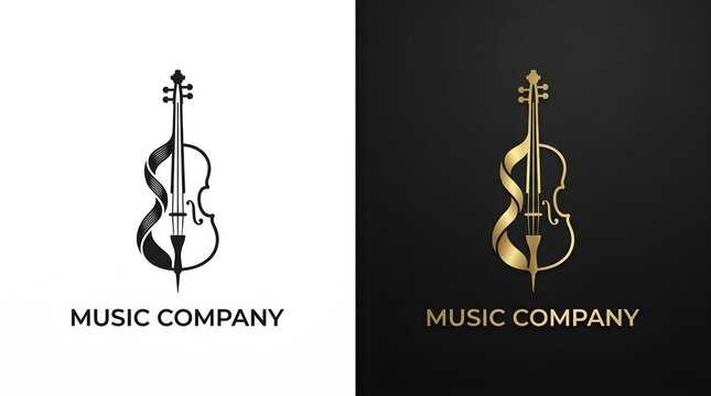Elegant violin logo design with musical instrument silhouette for music company brand identity in gold and black colors