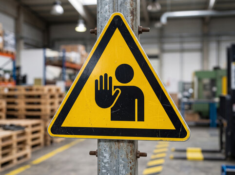 Yellow warning sign with hand stop symbol inside a large industrial warehouse factory environment