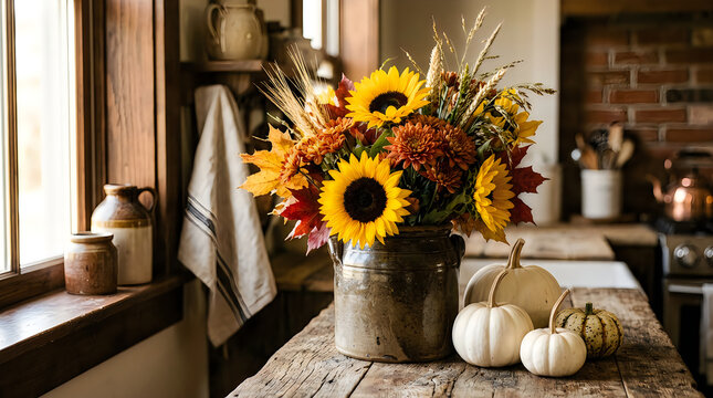 Rustic autumn flower arrangement with sunflowers and white pumpkins on a wooden kitchen table