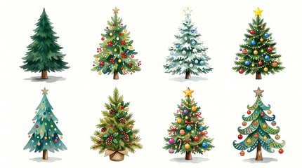 Fototapeta premium Beautiful watercolor set of diverse Christmas trees featuring various colorful ornaments and seasonal decorations arranged on a clean white background