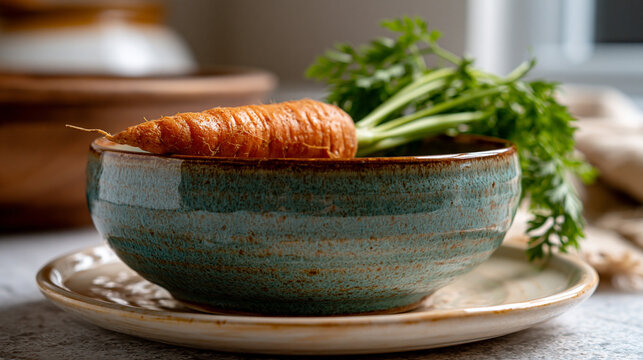 Fresh raw carrot in a green rustic ceramic bowl on a kitchen counter
