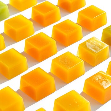 Colorful orange and green jelly cubes arranged neatly.