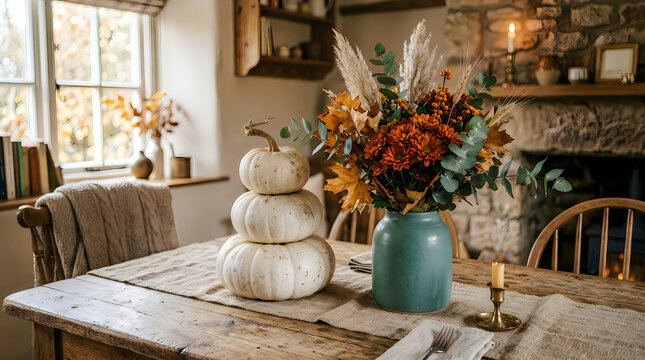 Rustic farmhouse dining table decorated with white pumpkins and a vibrant autumn flower bouquet