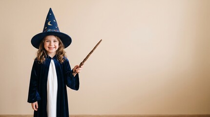 Fototapeta premium Young girl dressed as a wizard holding a magic wand