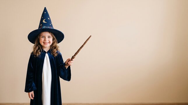 Young girl dressed as a wizard holding a magic wand