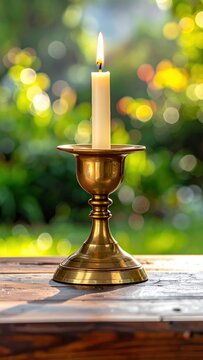 Lit white candle in an elegant vintage brass candlestick holder outdoors on a rustic wooden table with green nature bokeh and ample copy space.