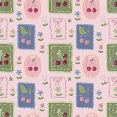  Seamless background with pastel cherries in frames and tiny cottagecore wildflowers, soft aesthetic textile print. © Paint_art