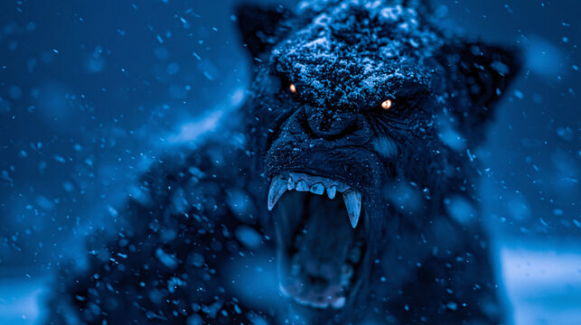 Aggressive snarling black wolf face in snowy winter night with predator