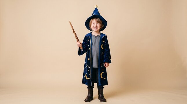 Young boy dressed as a wizard holding a magic wand and smiling