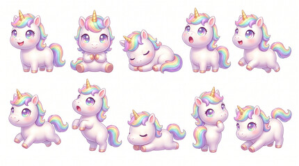 Adorable magical baby unicorn character set with colorful rainbow hair in various poses isolated on white background for children illustration © Madina Art