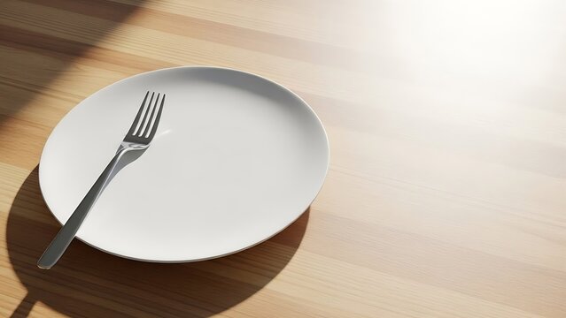 Empty white plate with a fork on a wooden table
