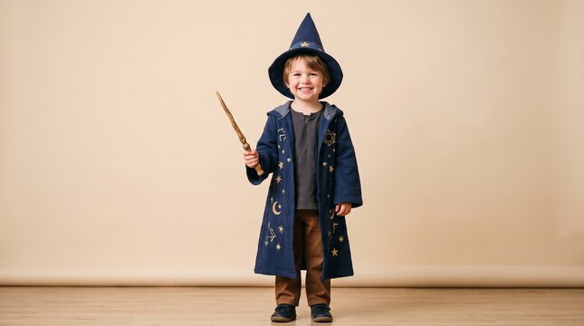 Happy young boy dressed as a wizard holding a magic wand