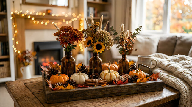 Cozy autumn living room decor featuring decorative pumpkins and dried flowers on a wooden tray