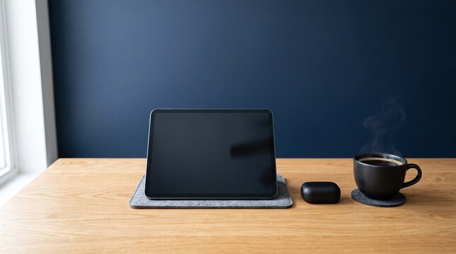 Modern desk setup with tablet coffee and earbuds on wooden table
