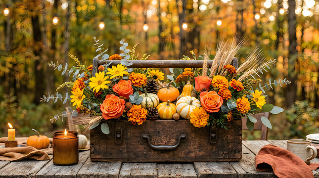 Rustic wooden crate filled with autumn flowers and pumpkins on a table outdoors in fall
