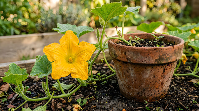 A bright yellow squash blossom growing next to a rustic terracotta flower pot in garden