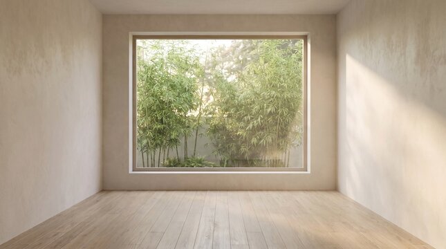 Empty Japandi Room Square Window Bamboo Garden View