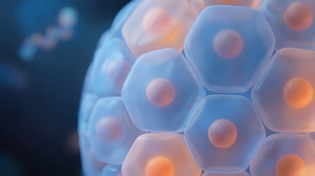 microscopic view of pancreatic islet with visible nuclei in soft blue and orange tones