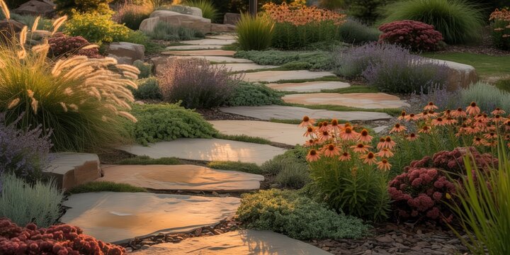 Winding flagstone path in a lush perennial garden. Stone walkway bordered by lavender and coneflowers during golden hour