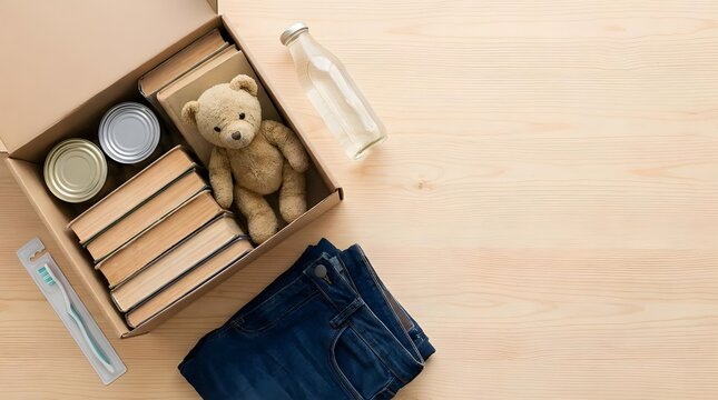 Community Donation Box Flat Lay with Copy Space