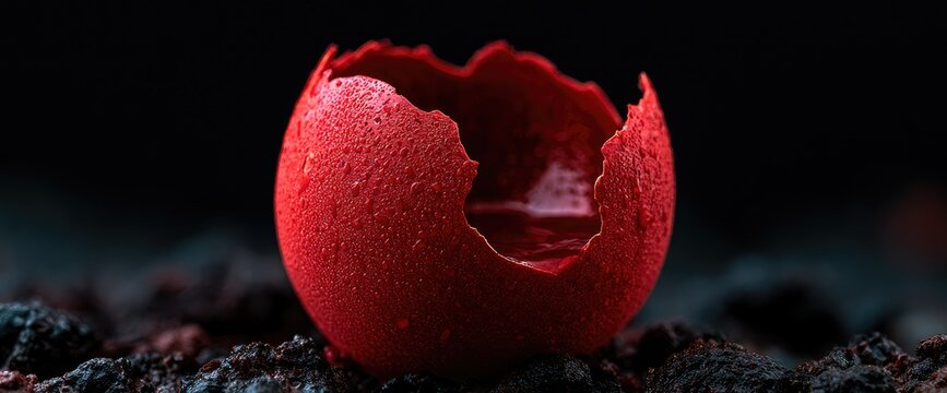 Macro shot of a cracked red eggshell with water droplets on a dark background.