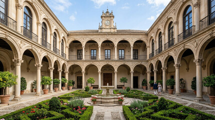 Naklejka premium Elegant Courtyard Fountain Garden with Arches and Clock Tower