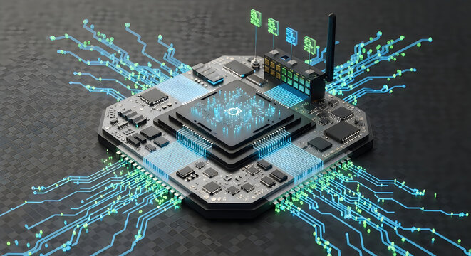 Modern circuit board with glowing data network connections
