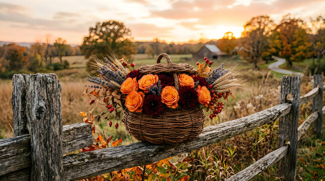 Wicker basket filled with autumn harvest vegetables resting on a rustic wooden farm fence