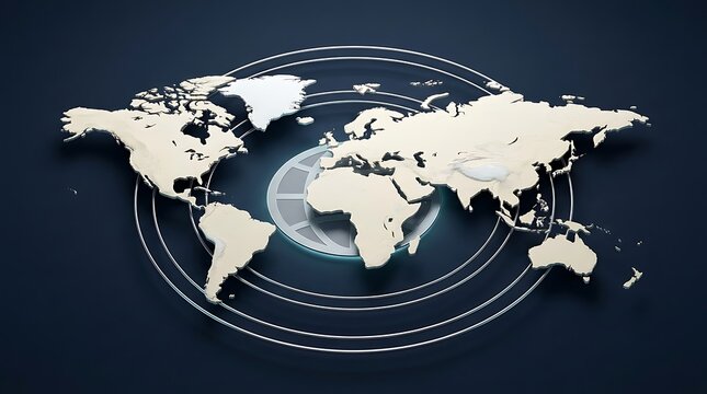 3D Isometric World Map with Glowing Concentric Circles and Global Connectivity Network on Blue Background