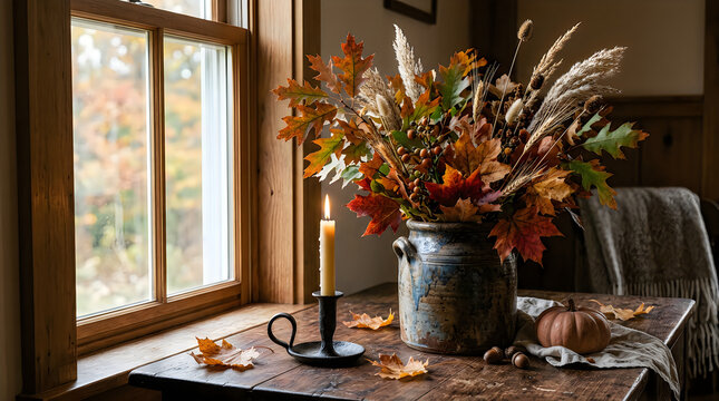 Rustic autumn floral arrangement in a vintage metal pitcher on a wooden table by window