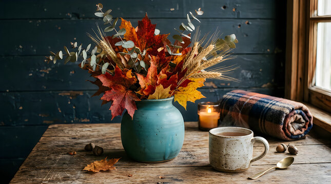 Rustic autumn bouquet in a blue ceramic vase with a warm coffee mug nearby
