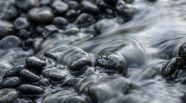 Close-Up of Clear Flowing Water Moving Over Smooth Dark River Pebbles, Natural Stream Texture with Gentle Ripples and Organic Patterns