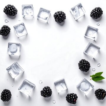 Fresh blackberries and ice cubes on white background.