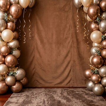 Elegant rose gold balloon arch decoration for a beautiful happy birthday celebration party background with copy space