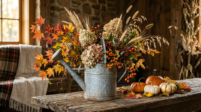 Rustic autumn arrangement with dried flowers and pumpkins in a vintage metal watering can