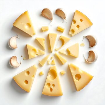 Assorted cheese slices and garlic cloves on white background.