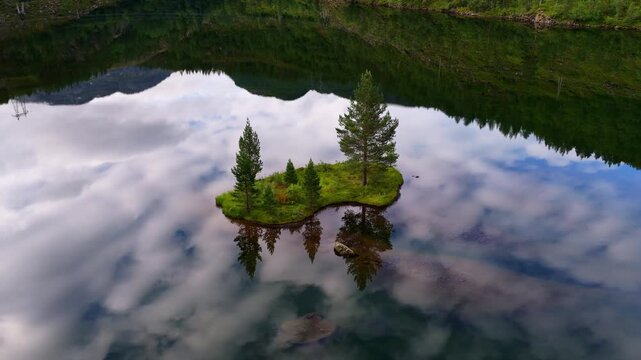 Beautiful Norwegian nature, aerial view of tranquil lake, island with pine trees reflected in the water, western Norway, northern nature, travel in Scandinavia, hiking trip