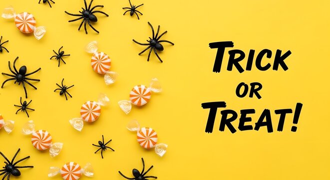 Halloween background with trick or treat text, orange candies and black plastic spiders on a yellow surface