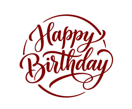 Elegant dark red happy birthday script inside circular frame isolated on transparent background for luxury greeting.