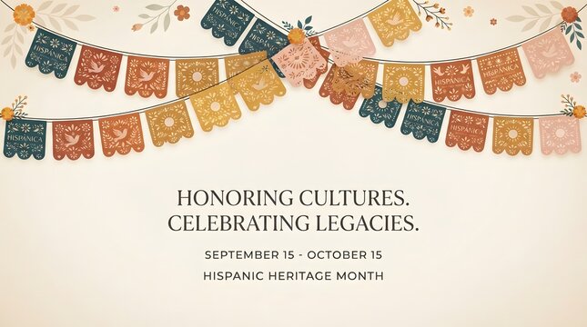 Hispanic Heritage Month celebration banner with decorative papel picado flags and cultural typography.