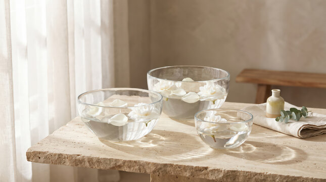 Clear glass bowls filled with water plus floating white flowers on stone table in soft sunlight presenting tranquil spa ritual wellness treatment relaxation purity hospitality interior styling