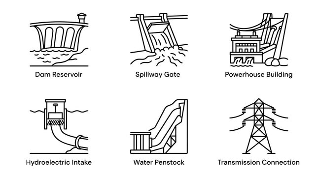 Hydroelectric Power Plant Infrastructure Line Icon Set