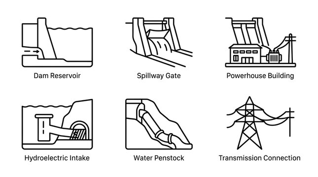 Hydroelectric Power Plant Icon Set for Renewable Energy