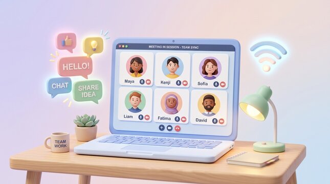 Diverse group collaborating through an online communication platform on a laptop, fostering virtual meetings and remote team interaction and discussions